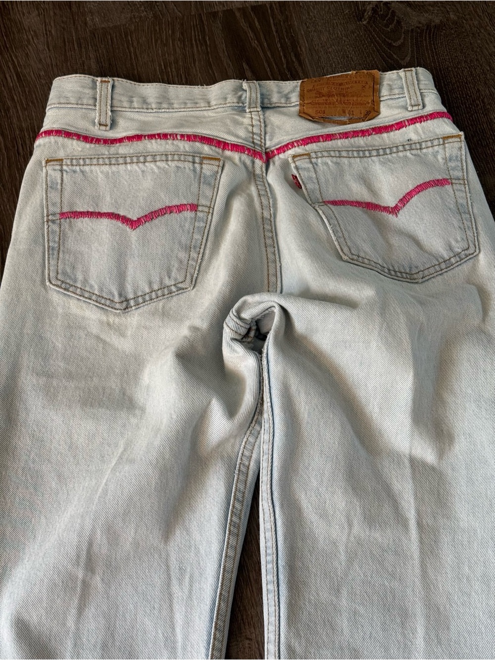Upcycled Levi’s 501 GOOD KARMA Jeans | Custom Flare Leg | Peace Sign & Eye Art - Picture 4 of 10